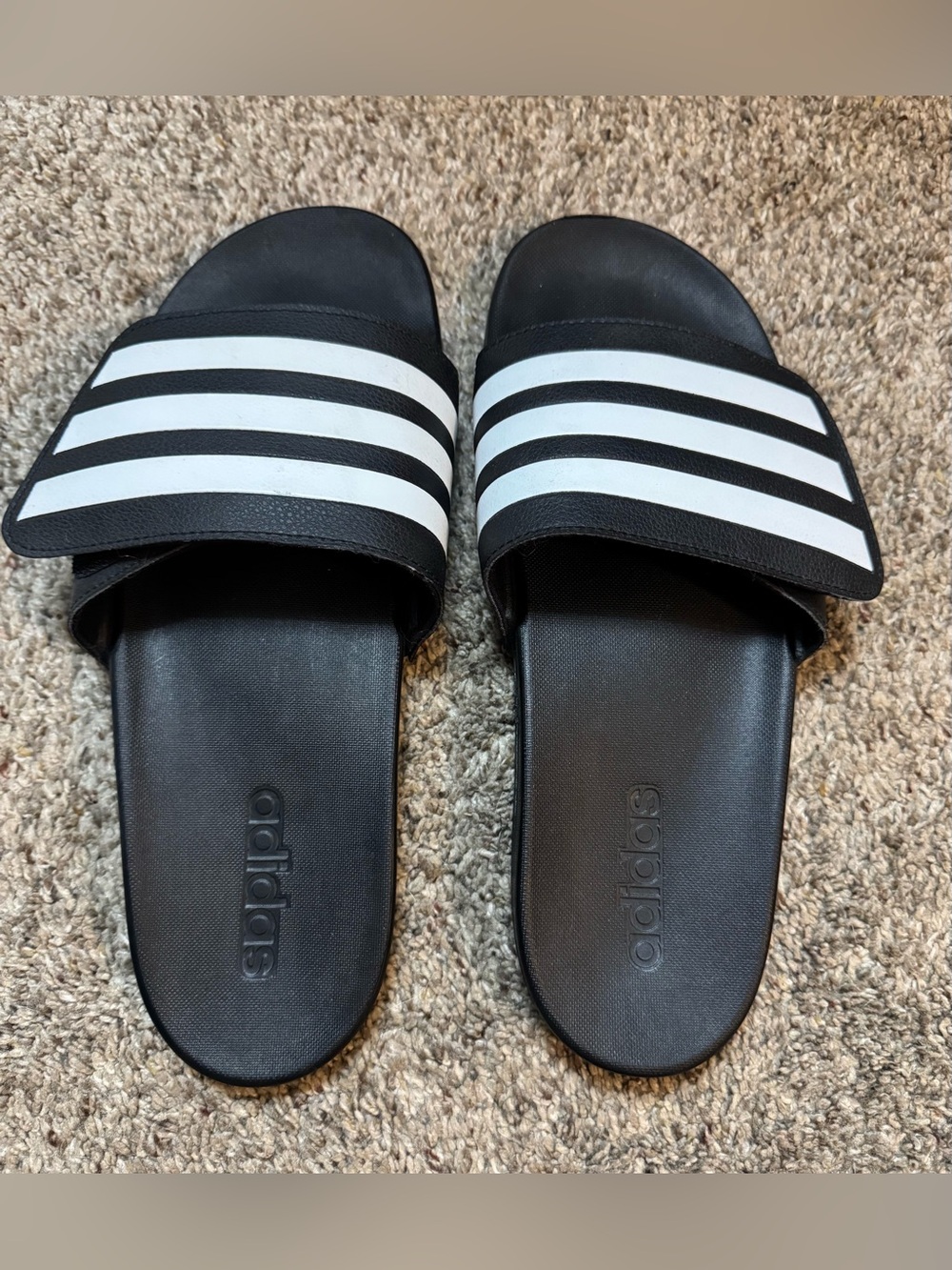 ADIDAS Black Slides with White Three-Stripe Velcro Strap